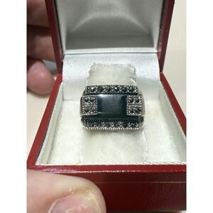 925 Sterling Silver Vintage Art Deco Style Onyx Marcasite Ring Approx Size 7